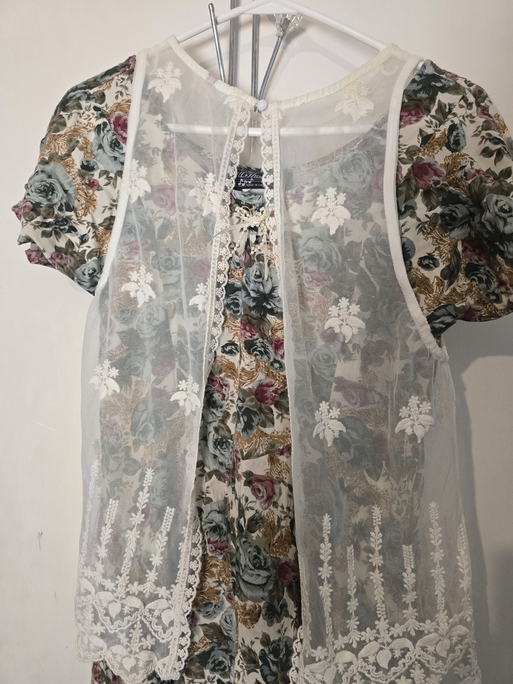 Floral Puff Sleeve Top with Ivory Lace Overlay